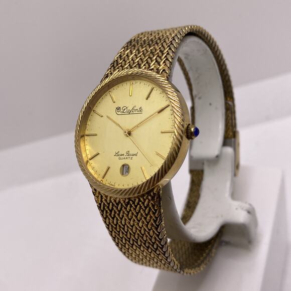 Vintage Dufonte Lucien Piccard Mens Gold Watch Works New Battery Date Watch main image 6